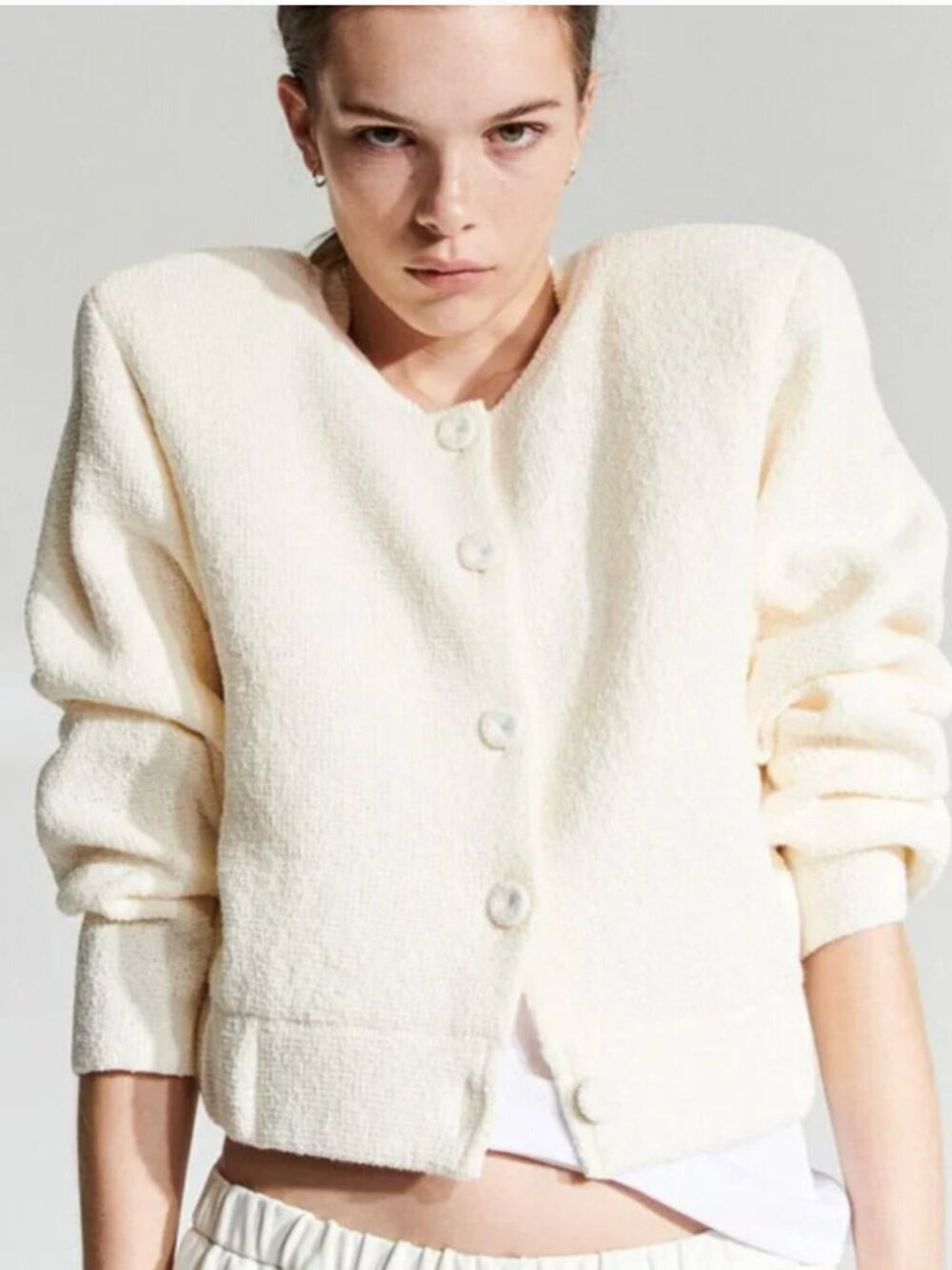 H&M Cream Knitted Shoulder Pad Button Down Minimalist Structured Jacket Cream L